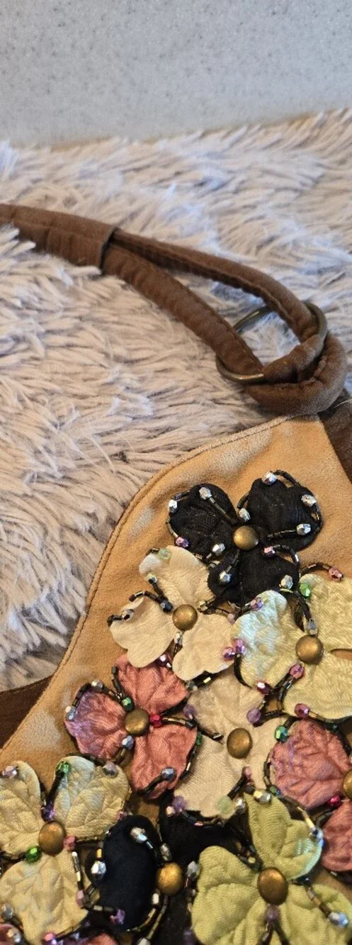 Suede Type Brown Boho bag with Floral Embellishments